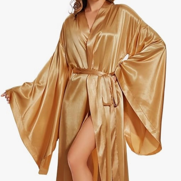 Gold satin festival dress cover up boho bohemian robe kimono kaftan pool pinup - Picture 1 of 5